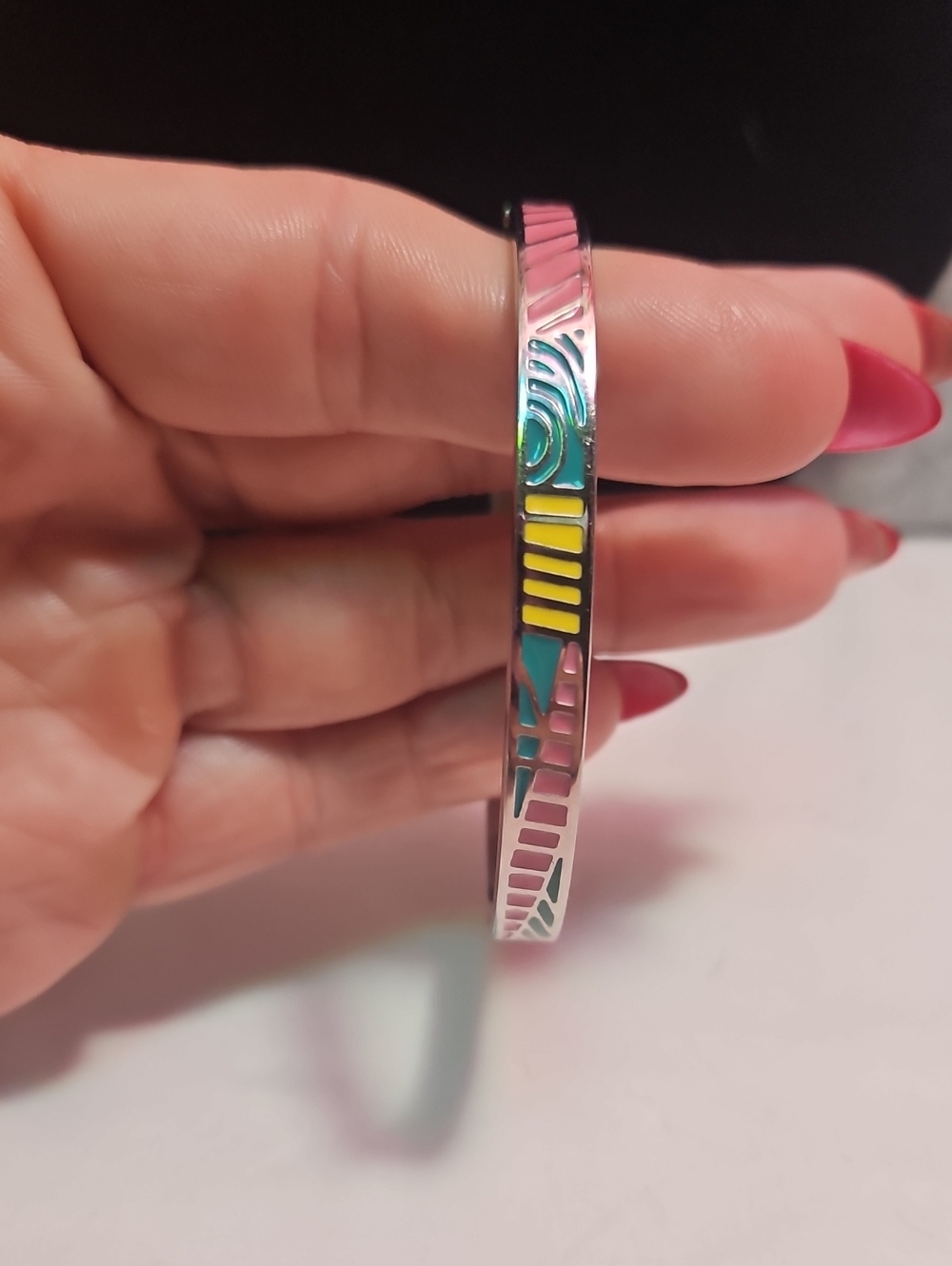 Colorful Inlay Stainless Steel Bangle Bracelet - Pink, Yellow, Teal